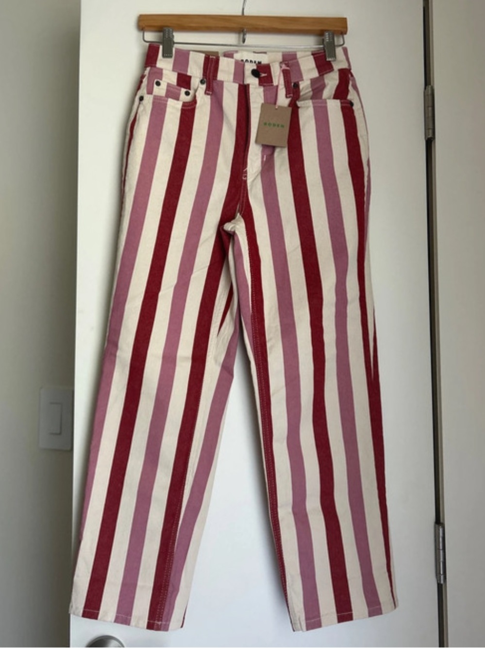 Boden Vertical Stripe Straight-Leg Jeans in Pink & Burgundy